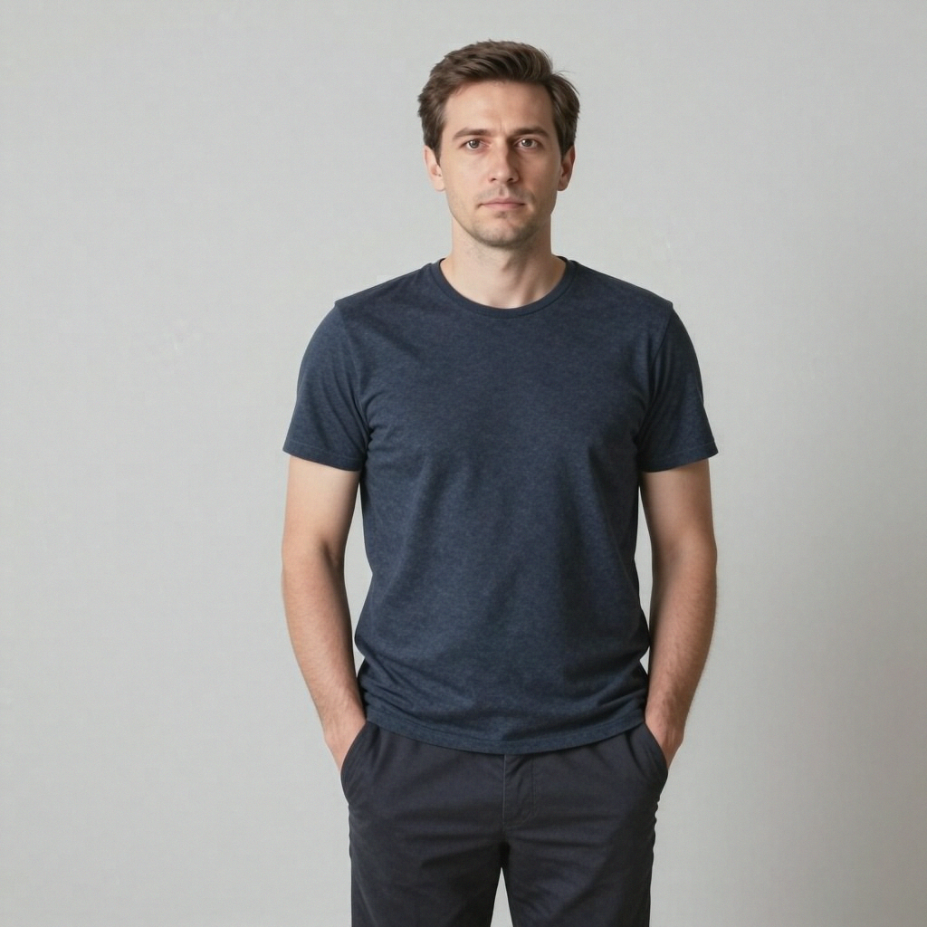 A man standing straight facing the camera, hands in pockets,