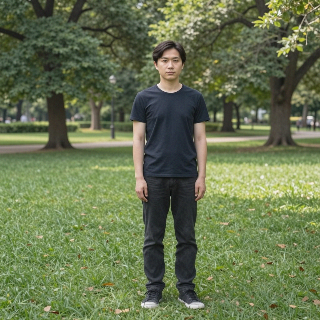 A person standing in a neutral pose in a park, full body vis