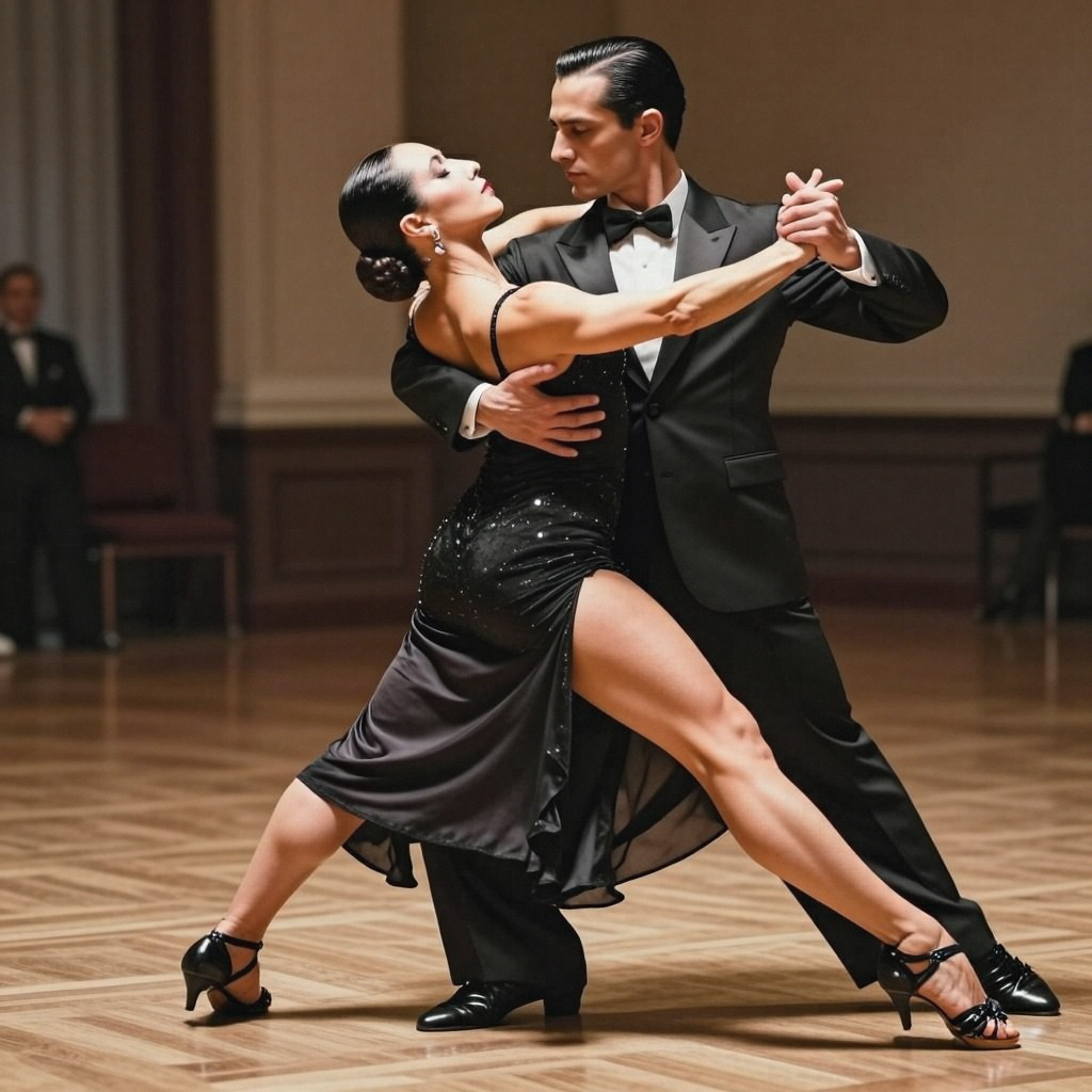 Two tango dancers in a close embrace, the man dipping the wo