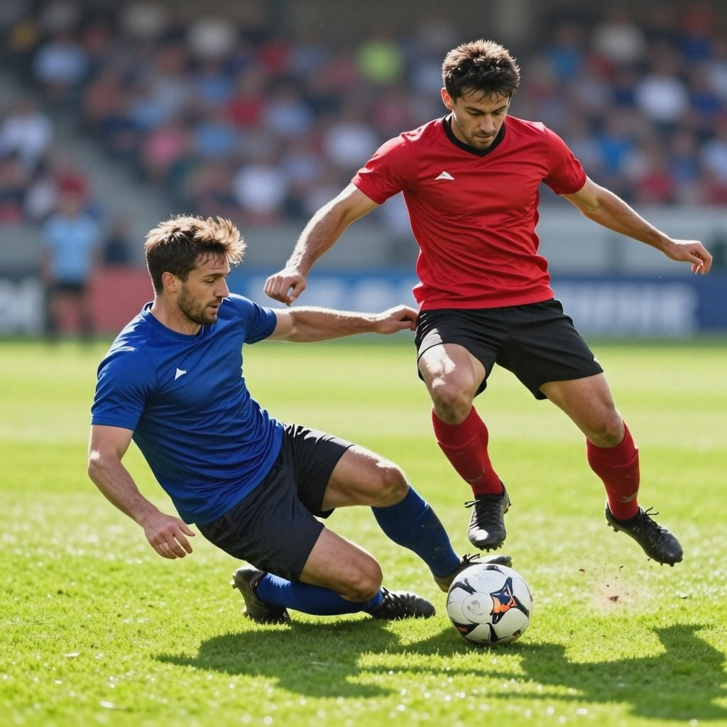 Two soccer players mid-tackle, one sliding and the other jum