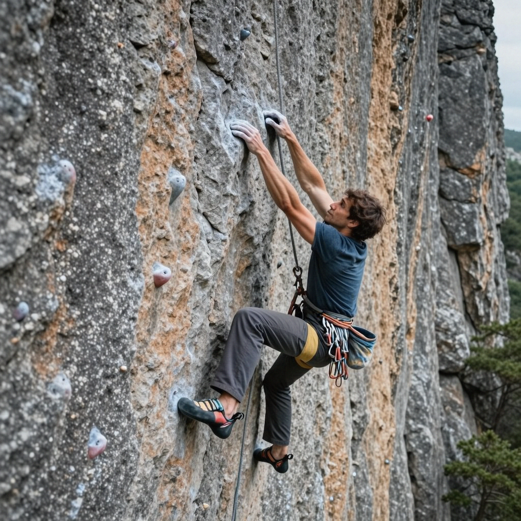 A rock climber clinging to a cliff face with arms and legs e
