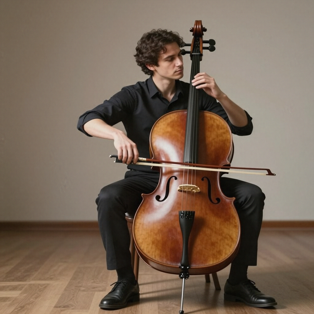 A cellist seated with correct posture, legs around the instr