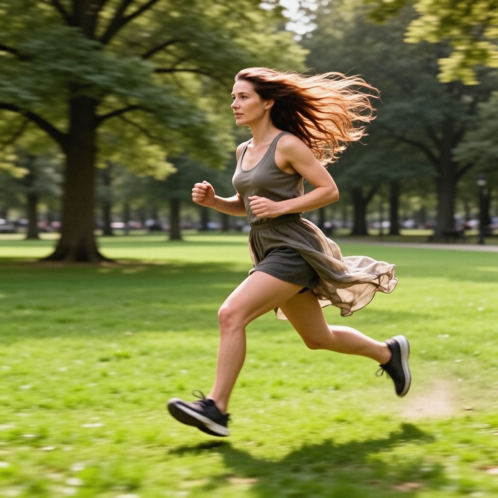 A woman mid-stride running through a park, hair and clothes 