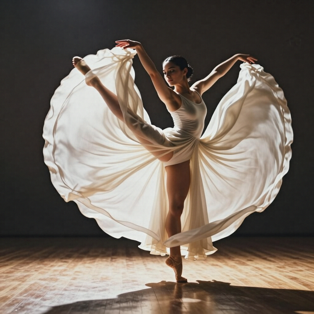 A dancer in a dynamic spin, dress flowing outward with one l