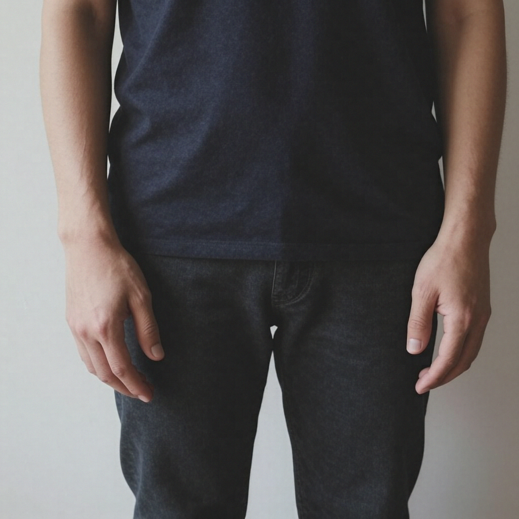 A person standing with both hands visible at their sides, fi