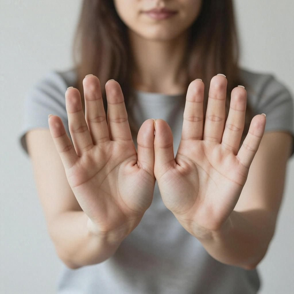 A woman holding her hands out in front of her palms-up, all 