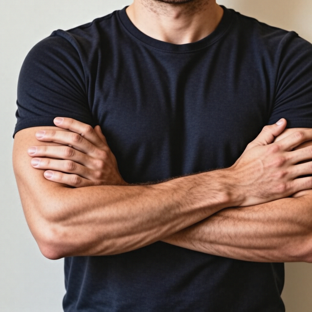 A man with arms crossed, both hands resting on opposite uppe