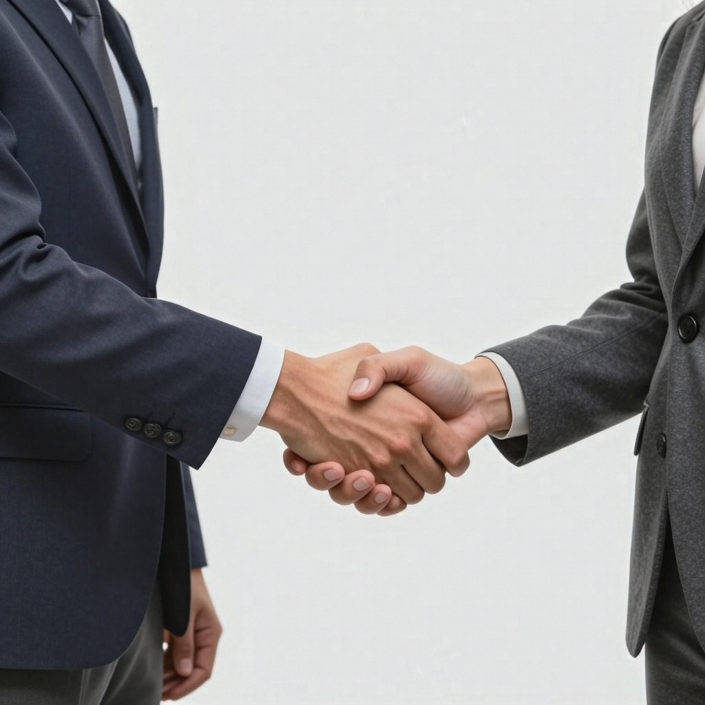 Two people shaking hands in a professional setting, all fing
