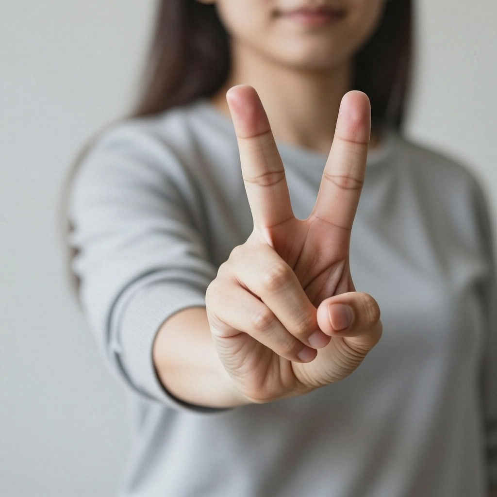 A person making a peace sign with their right hand, clearly 
