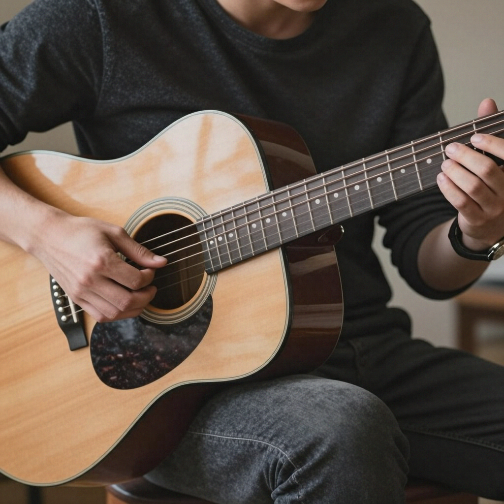 A person playing an acoustic guitar with left hand on the fr