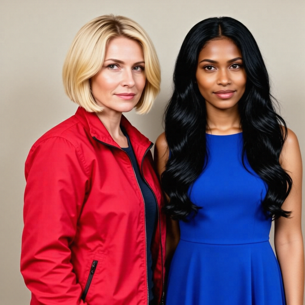 Two women standing side by side: one with short blonde hair 
