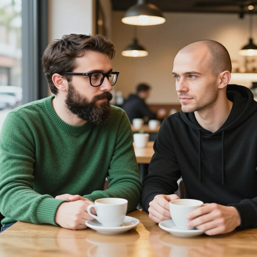Two men at a cafe: one with a beard and glasses wearing a gr