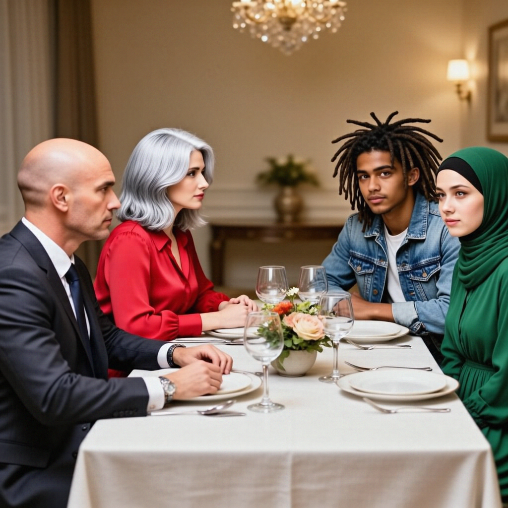 Four people at a dinner table: a bald man in a suit, a woman