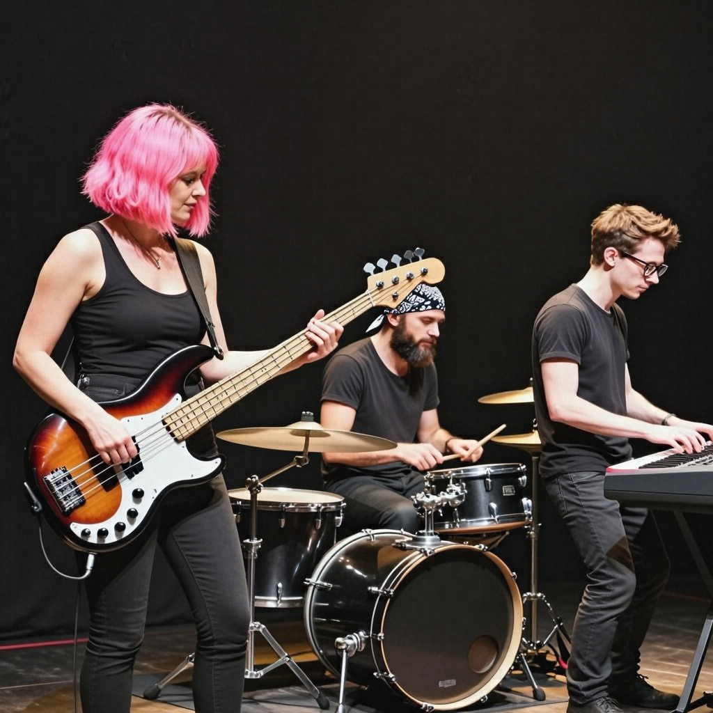 Three musicians on stage: a tall woman with short pink hair 