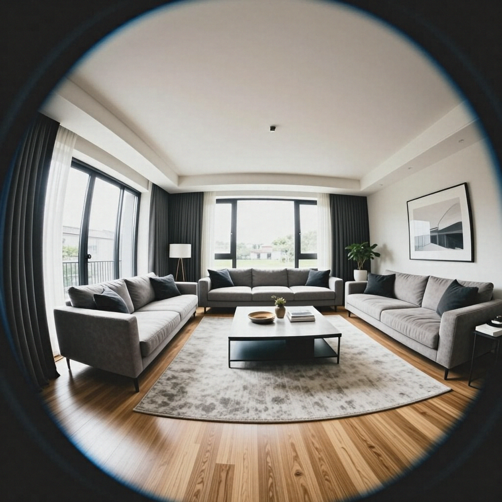 A wide-angle shot of a modern living room interior showing e