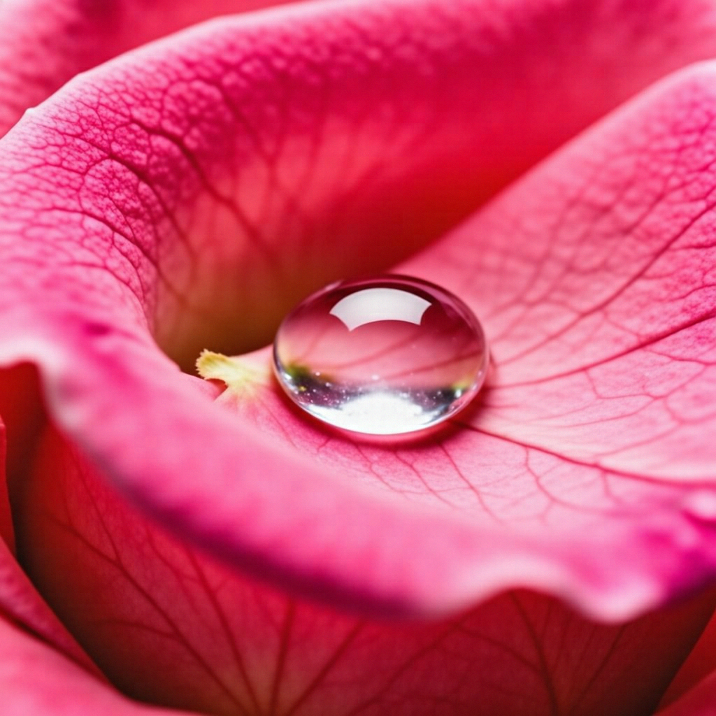 A close-up macro shot of a single dewdrop on a rose petal, s