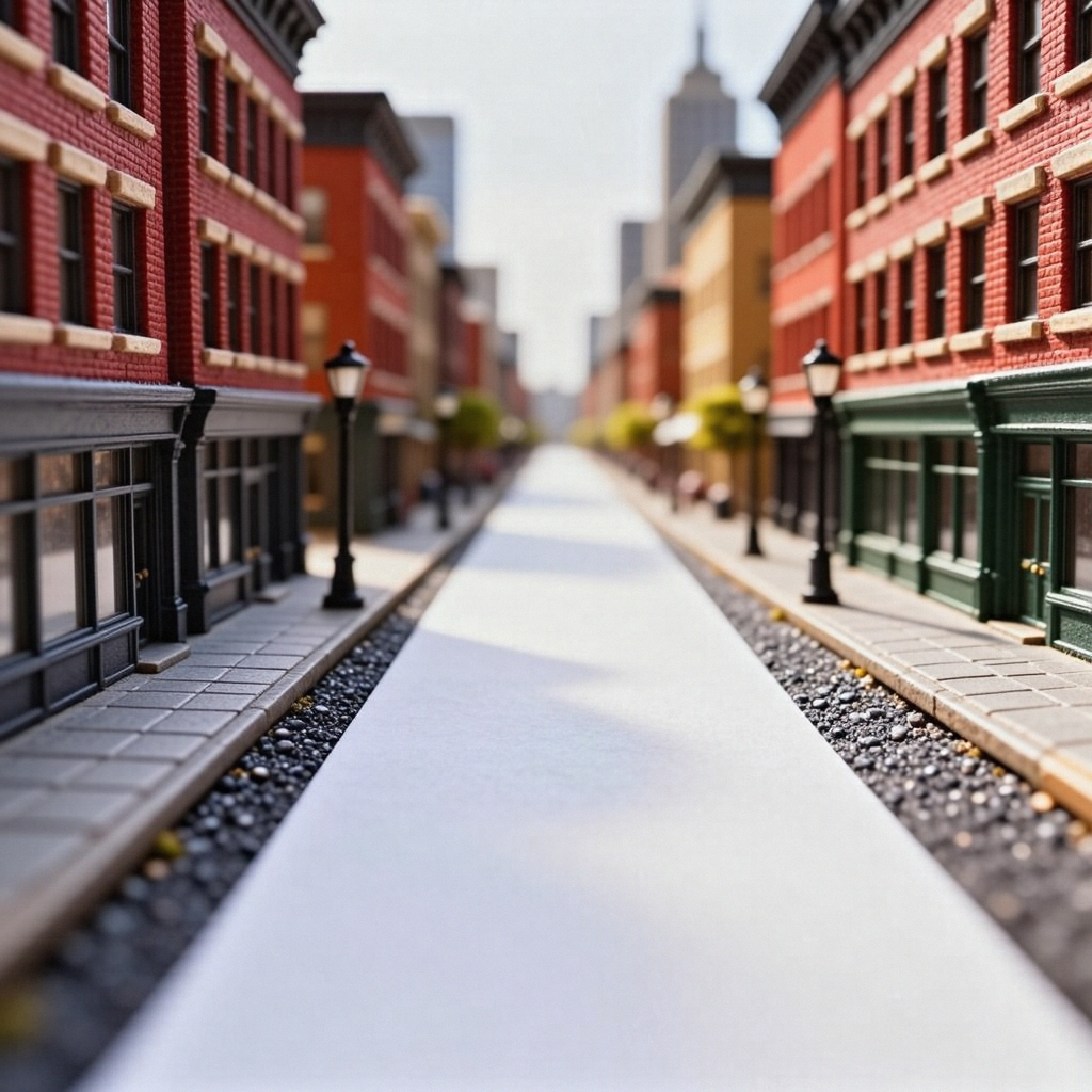 A tilt-shift photograph of a city street making real-life lo