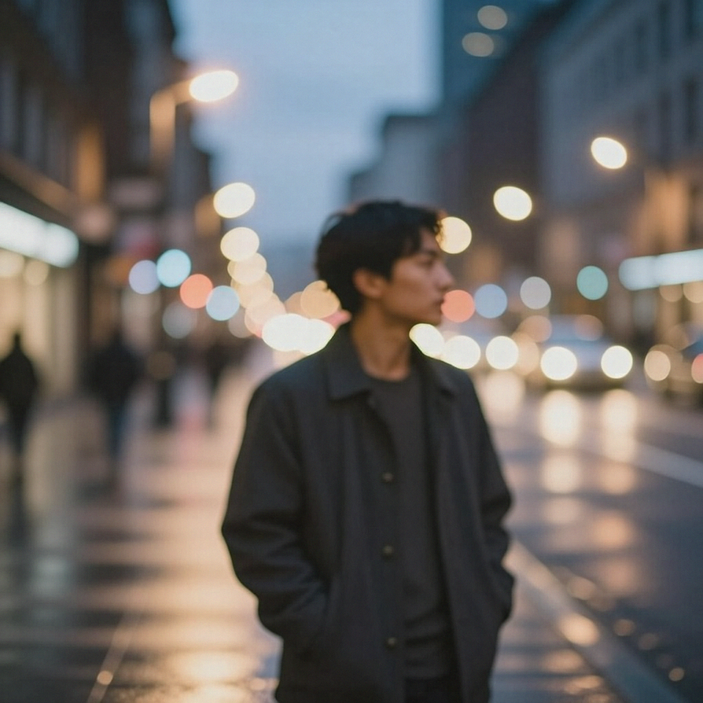 A street photograph with shallow depth of field as if shot a