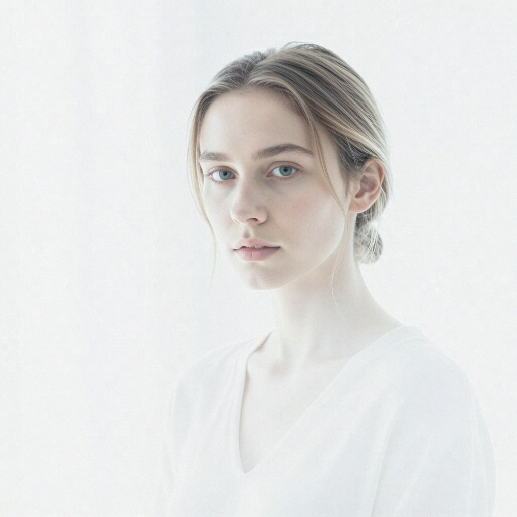 A high-key portrait of a person against a bright white backg