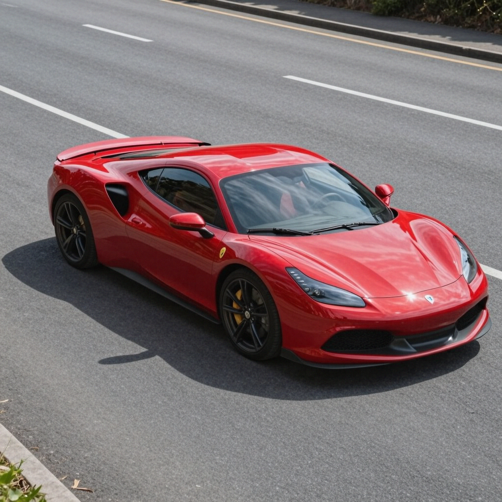 A bright red sports car parked on a gray asphalt road — the 