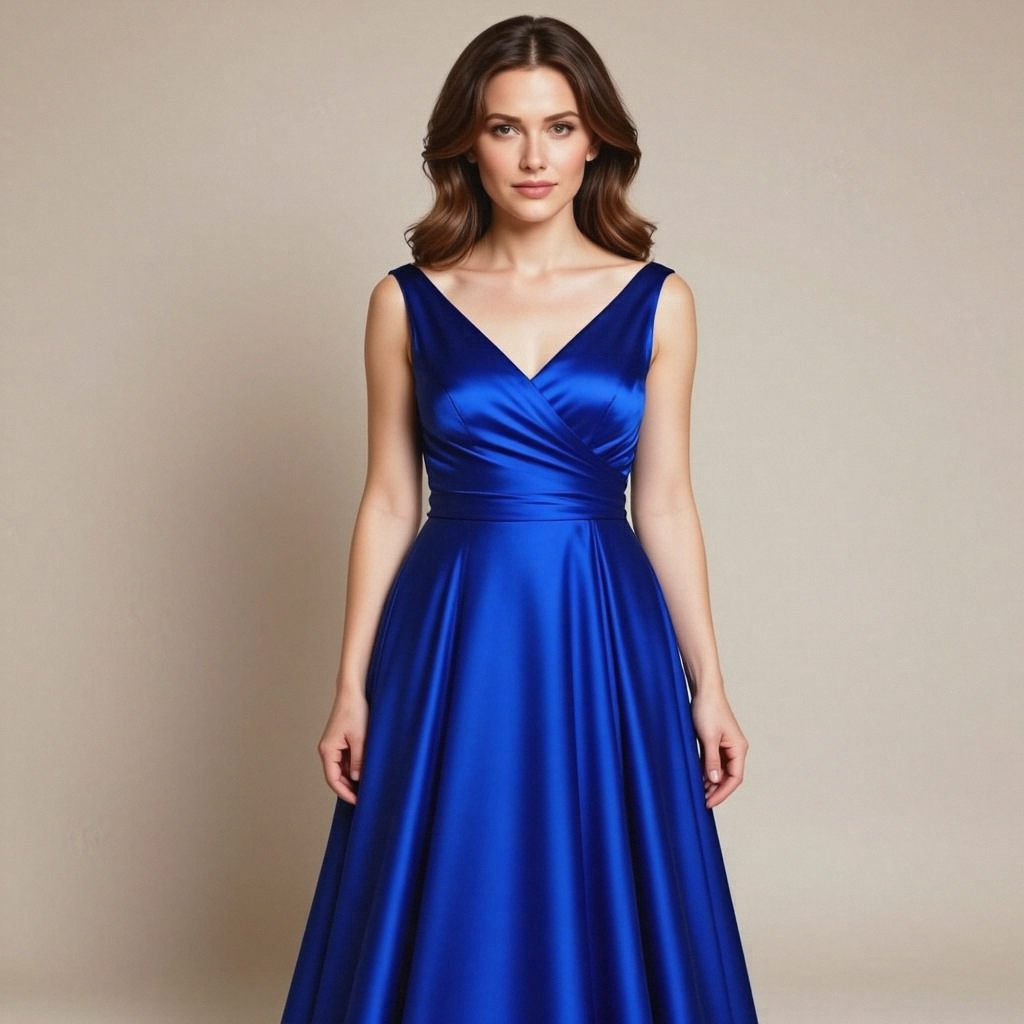 A woman wearing a royal blue evening dress against a neutral