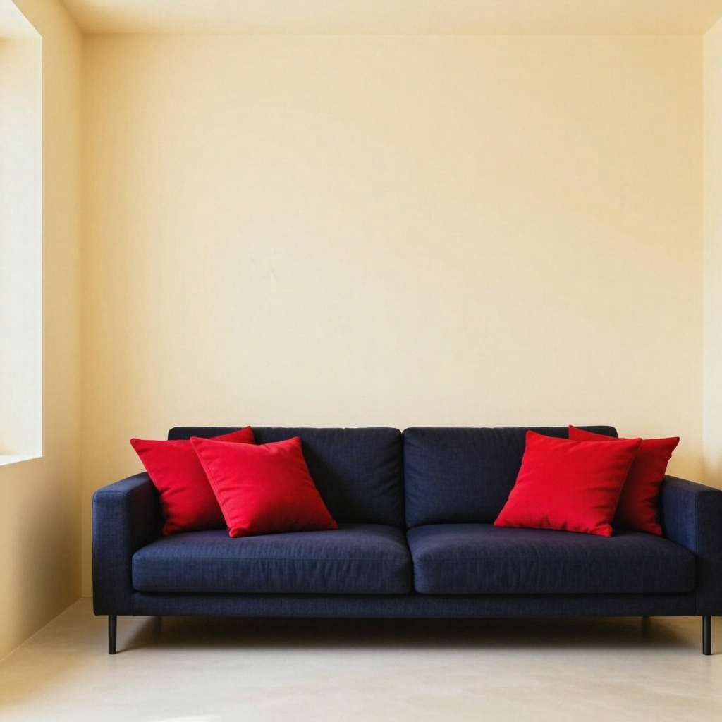A minimalist room with walls in #F5E6CC (warm cream), a sofa