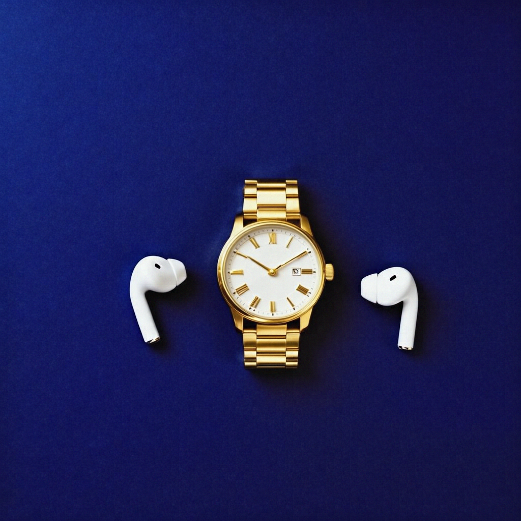 A product flat-lay on a #1A1A2E (deep dark blue) background,