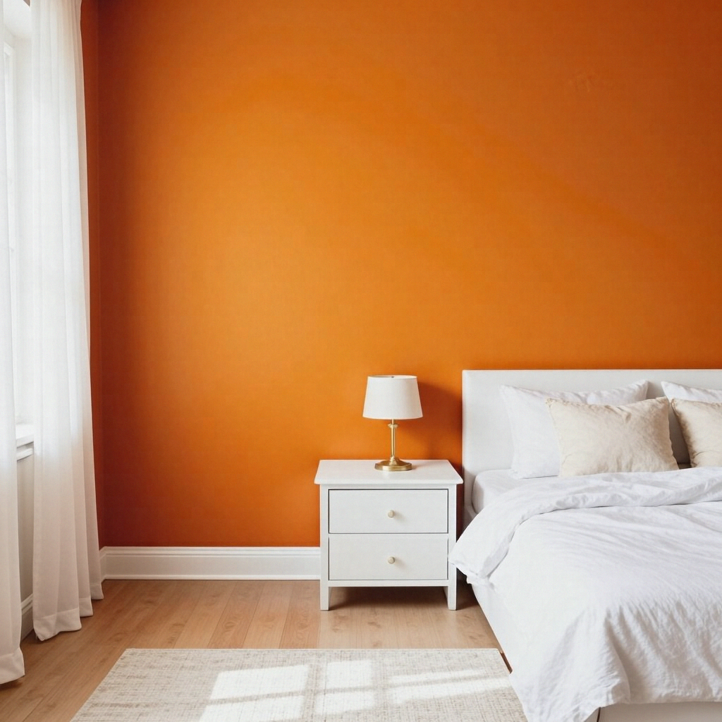 A bedroom wall painted in #FF6B35 (burnt orange) with white 