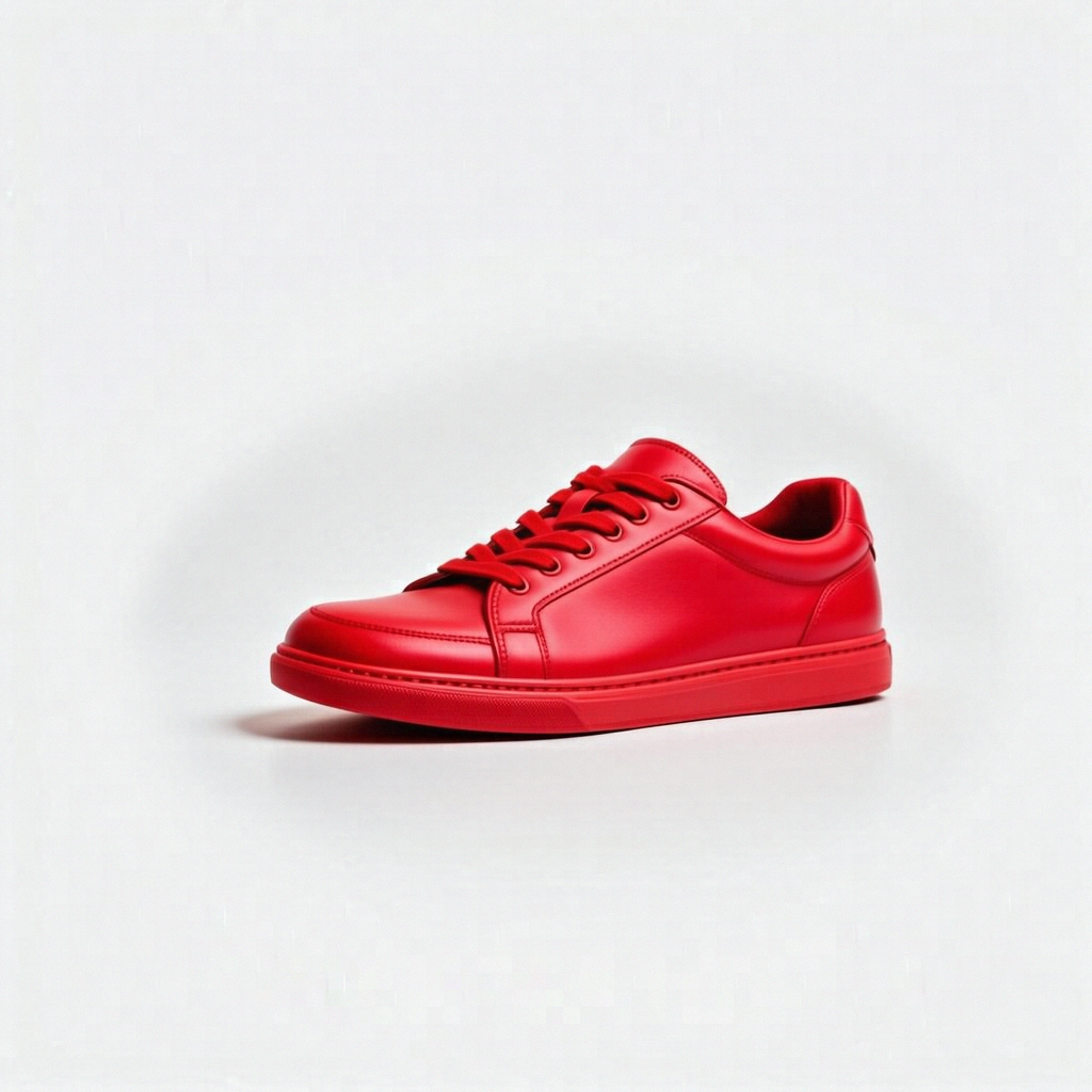 A single red sneaker on a clean white background with soft s