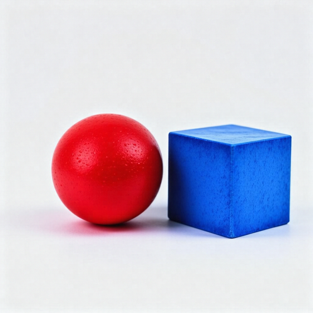 A red ball and a blue cube sitting side by side on a white s