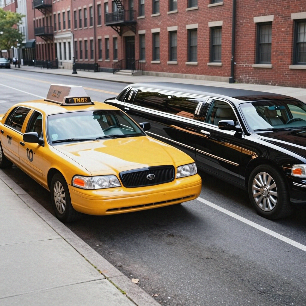 A yellow taxi and a black limousine parked next to each othe