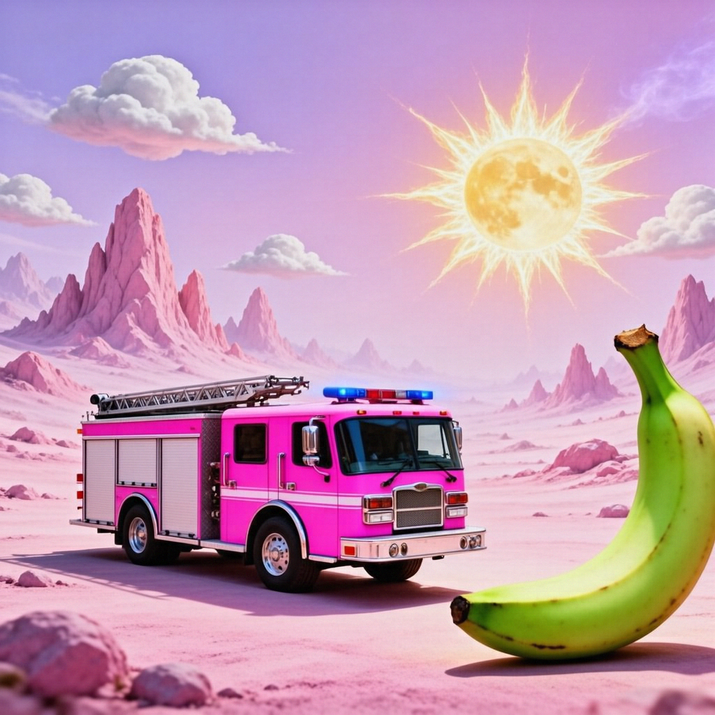 A pink fire truck, a blue banana, and a green sun in a surre