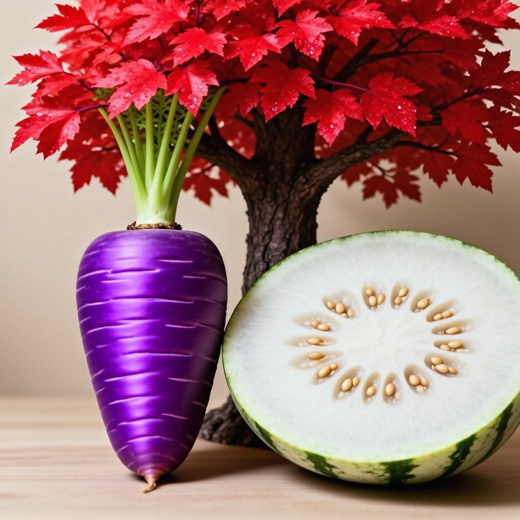 A purple carrot, a red tree with red leaves, and a white wat