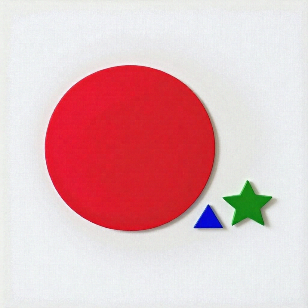 A large red circle, a small blue triangle, and a medium gree