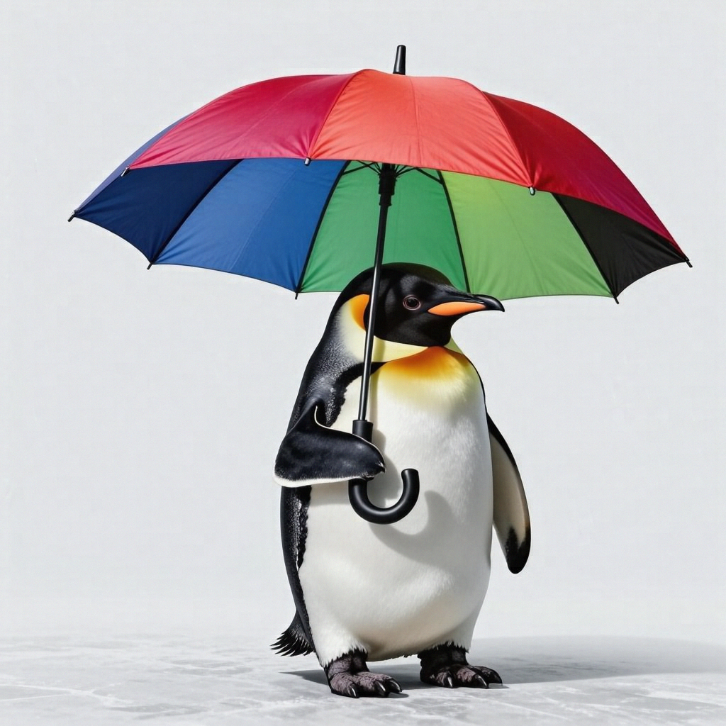 A penguin holding a colorful umbrella