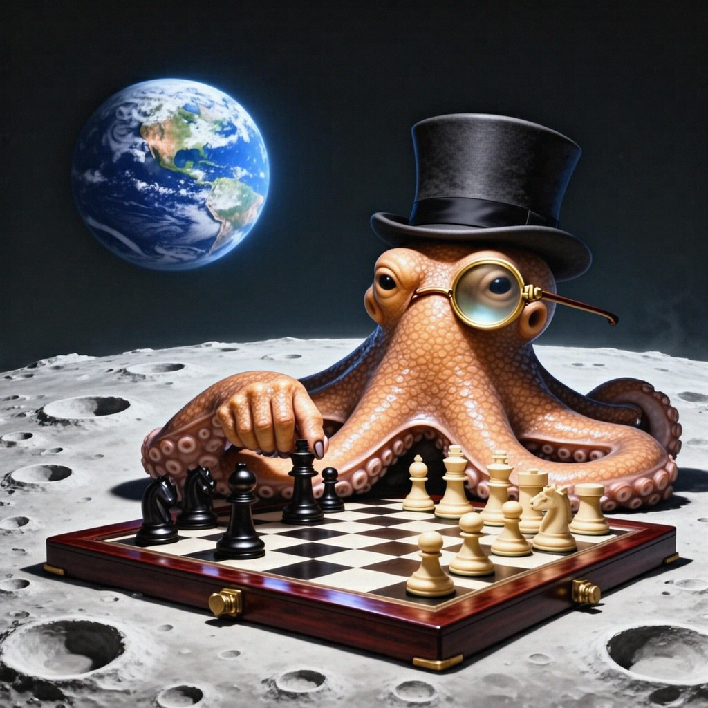 An octopus wearing a top hat and monocle playing chess on th