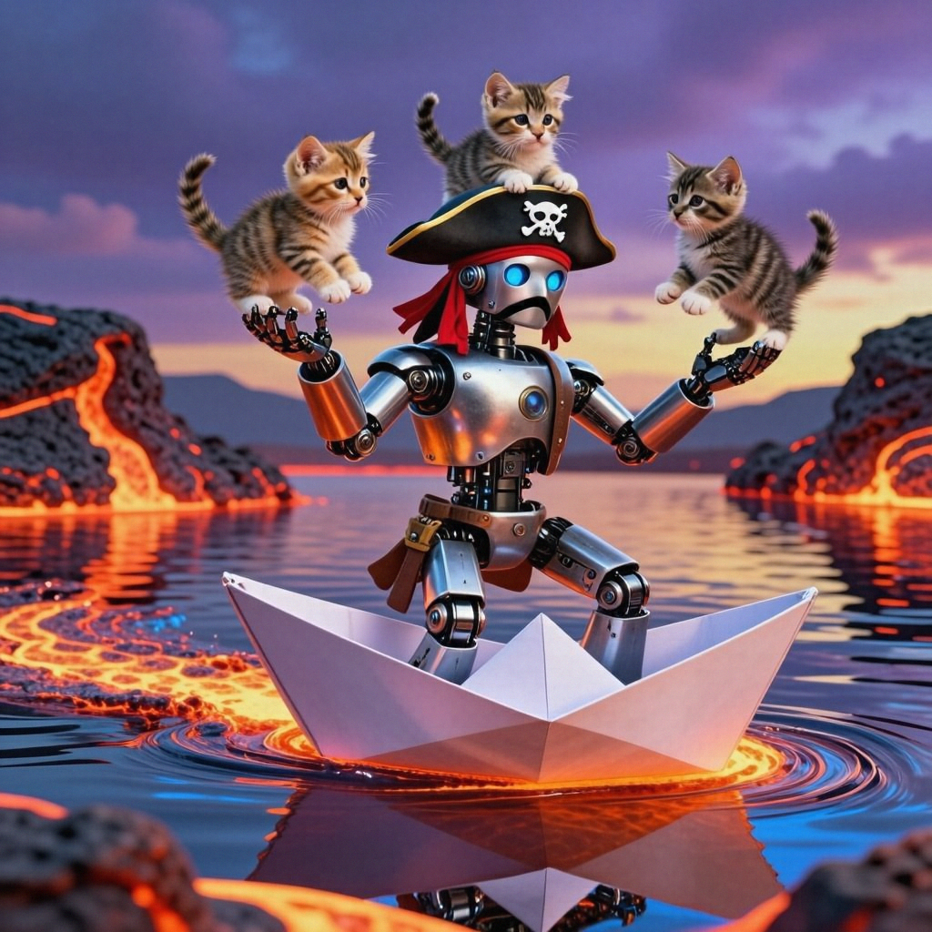 A robot dressed as a pirate sailing a paper boat on a lake o