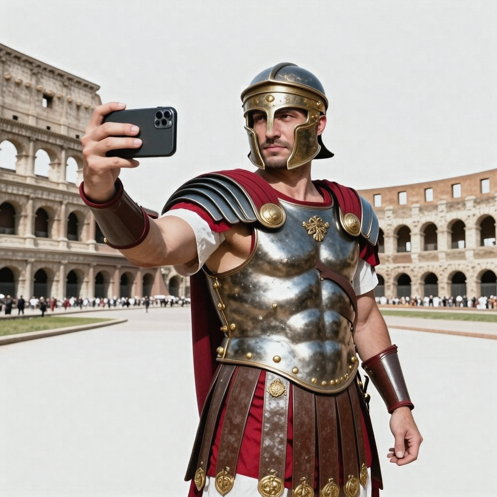 A Roman gladiator taking a selfie with a smartphone in the C