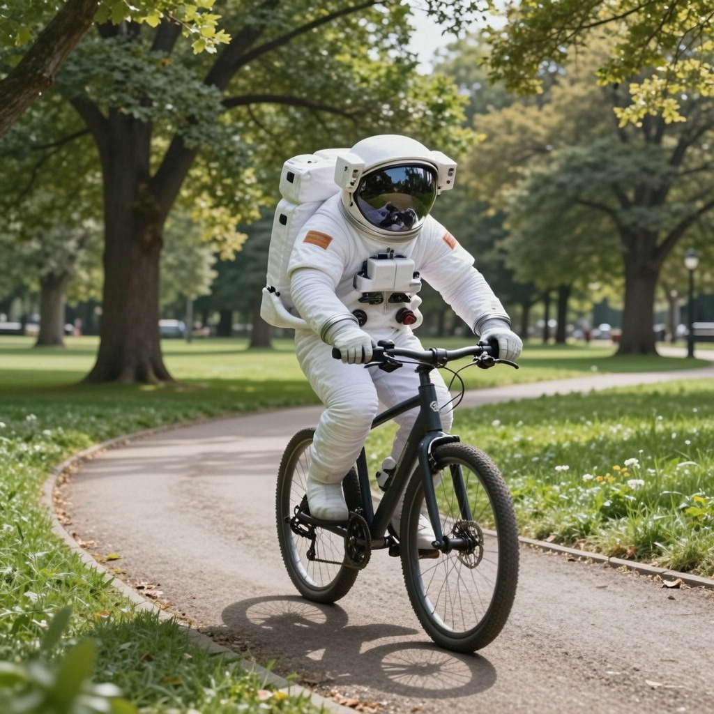 An astronaut in a spacesuit riding a bicycle through a park