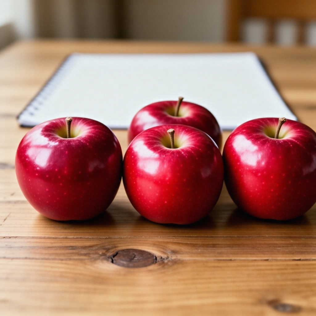 Exactly 3 red apples arranged on a wooden table