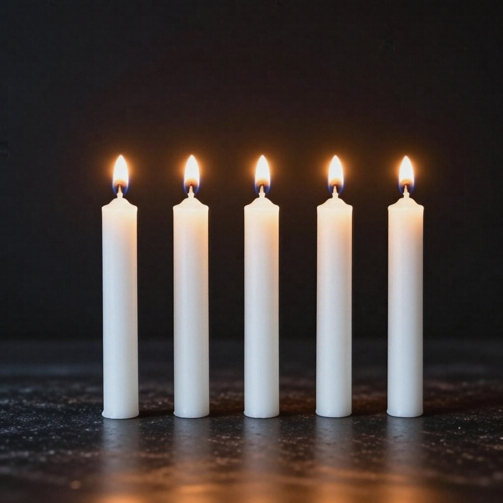 Exactly 4 white candles standing on a dark surface