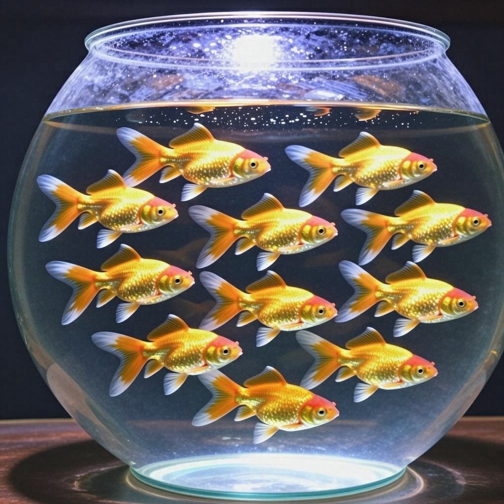 Exactly 9 goldfish swimming in a large round fishbowl