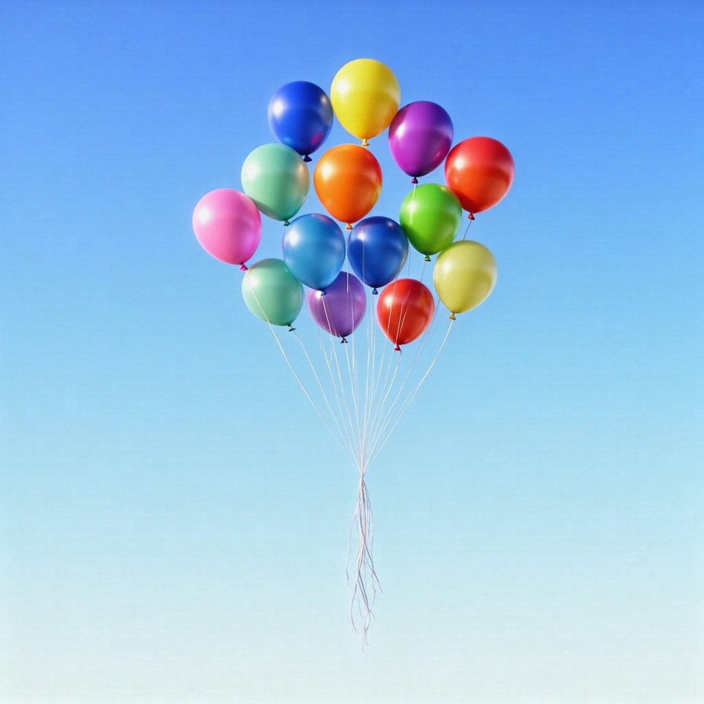 Exactly 11 colorful balloons floating against a clear blue s