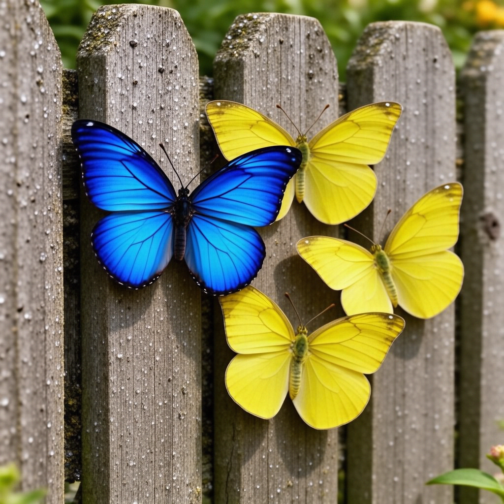 1 blue butterfly and 3 yellow butterflies resting on a garde