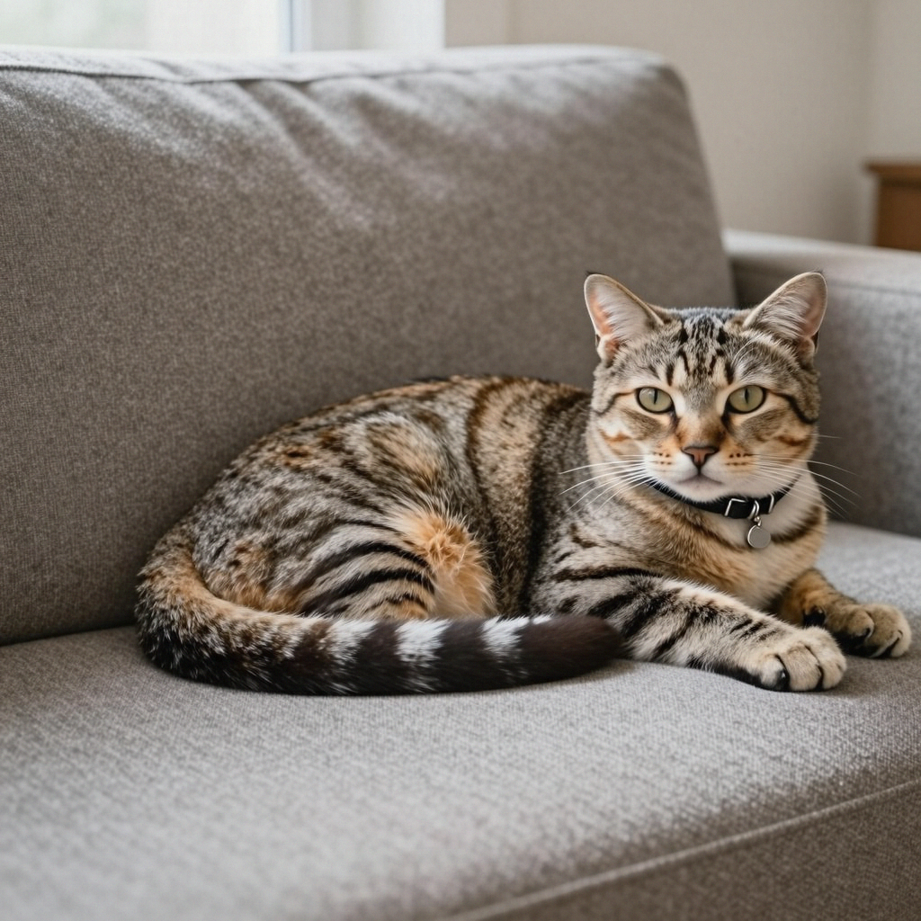 A cat lying on a couch without a collar