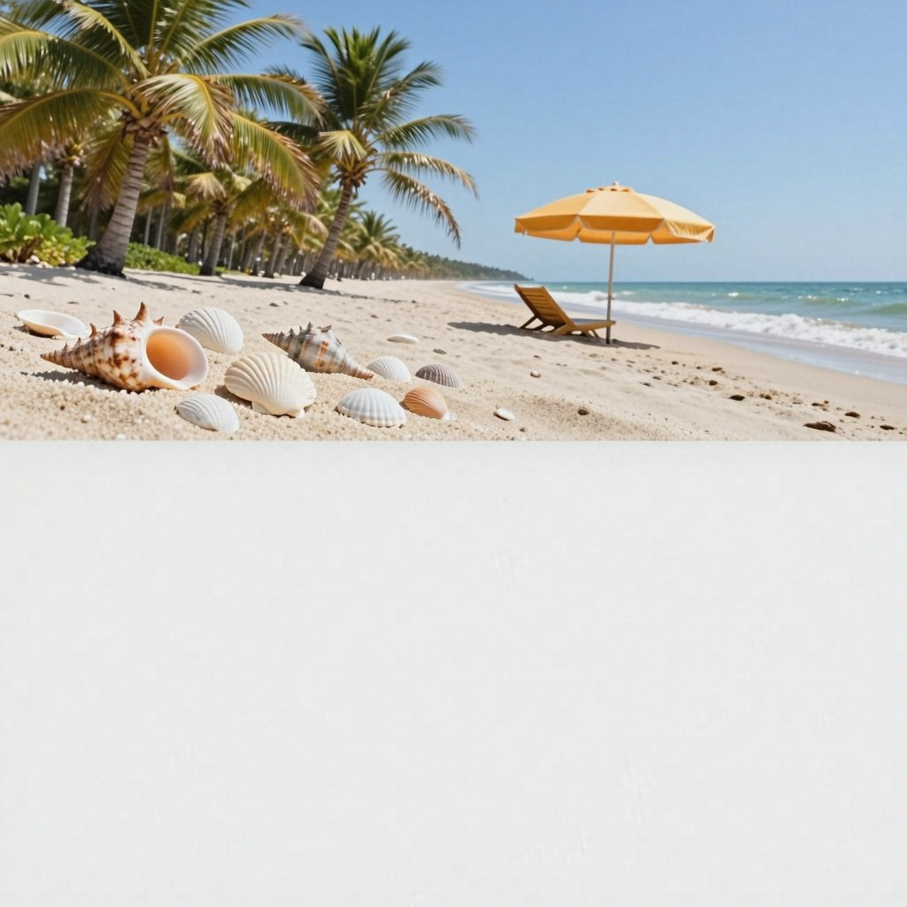 A sandy beach with palm trees, seashells, and a beach umbrel