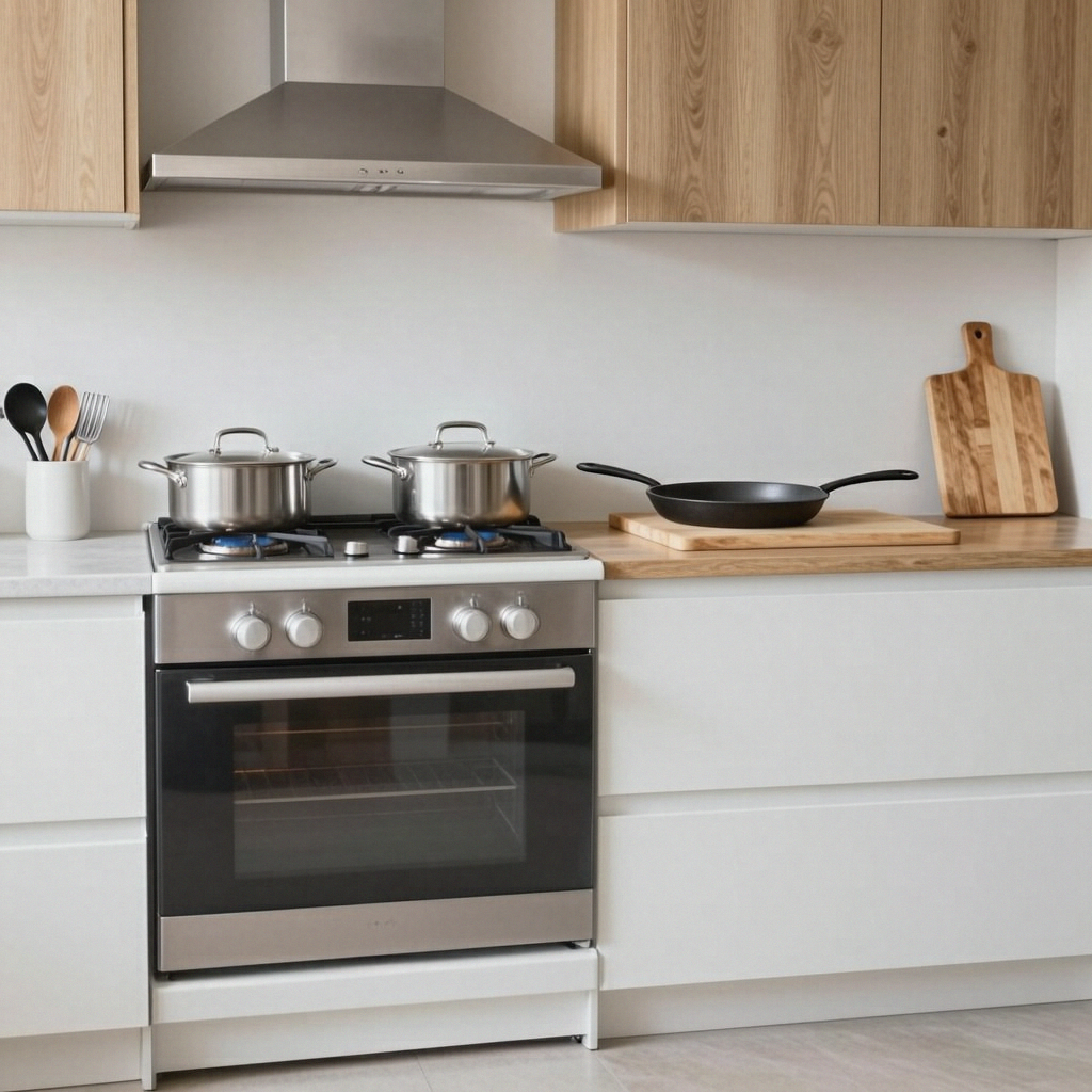 A kitchen with pots, pans, a stove, and a cutting board but 