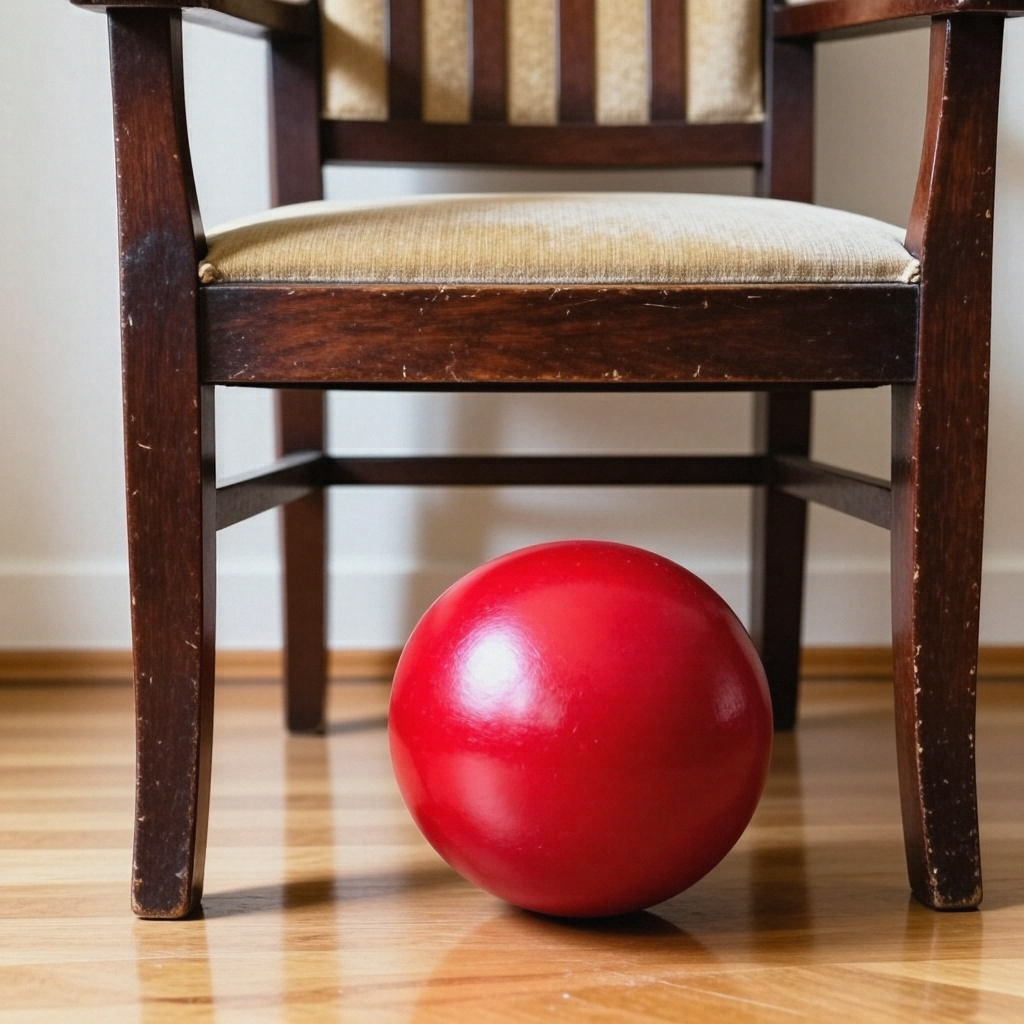 A red ball underneath a wooden chair