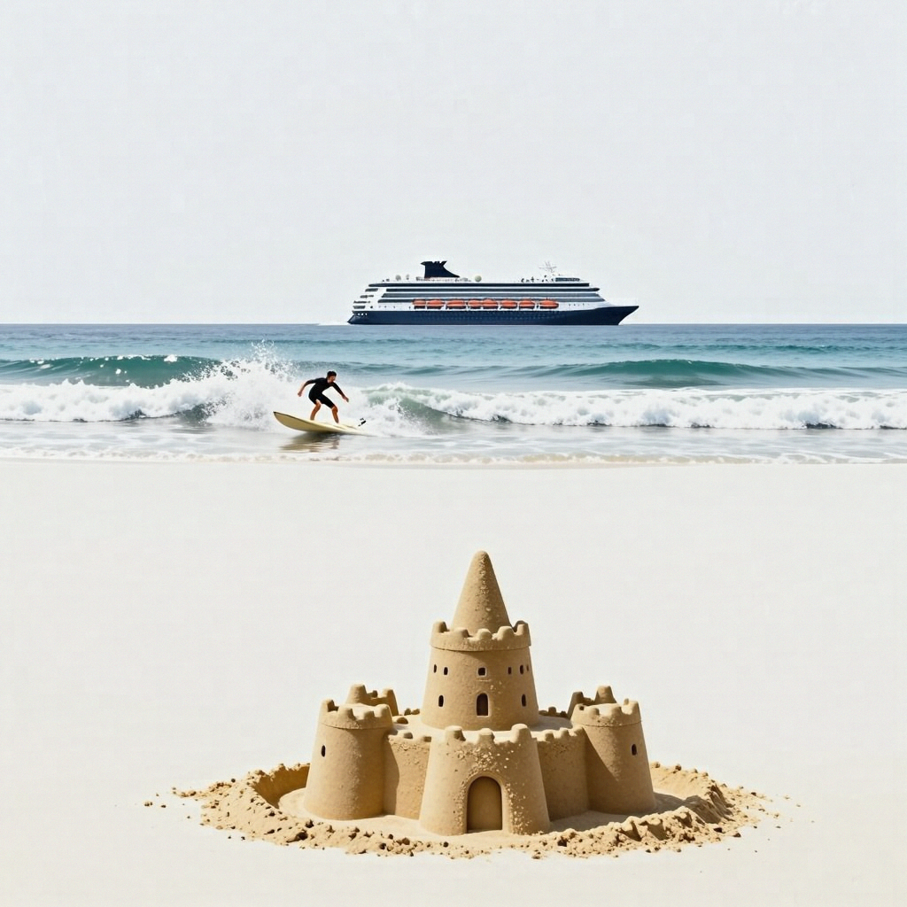 A beach scene with a sandcastle in the foreground, a surfer 