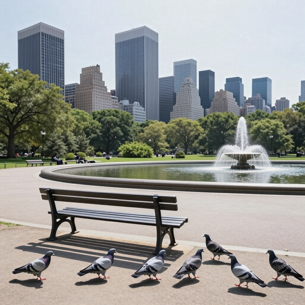 A city park with a park bench and pigeons in the foreground,